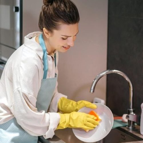 Housewife cleaning the dishes with a sponge and looking involved _ Premium Photo